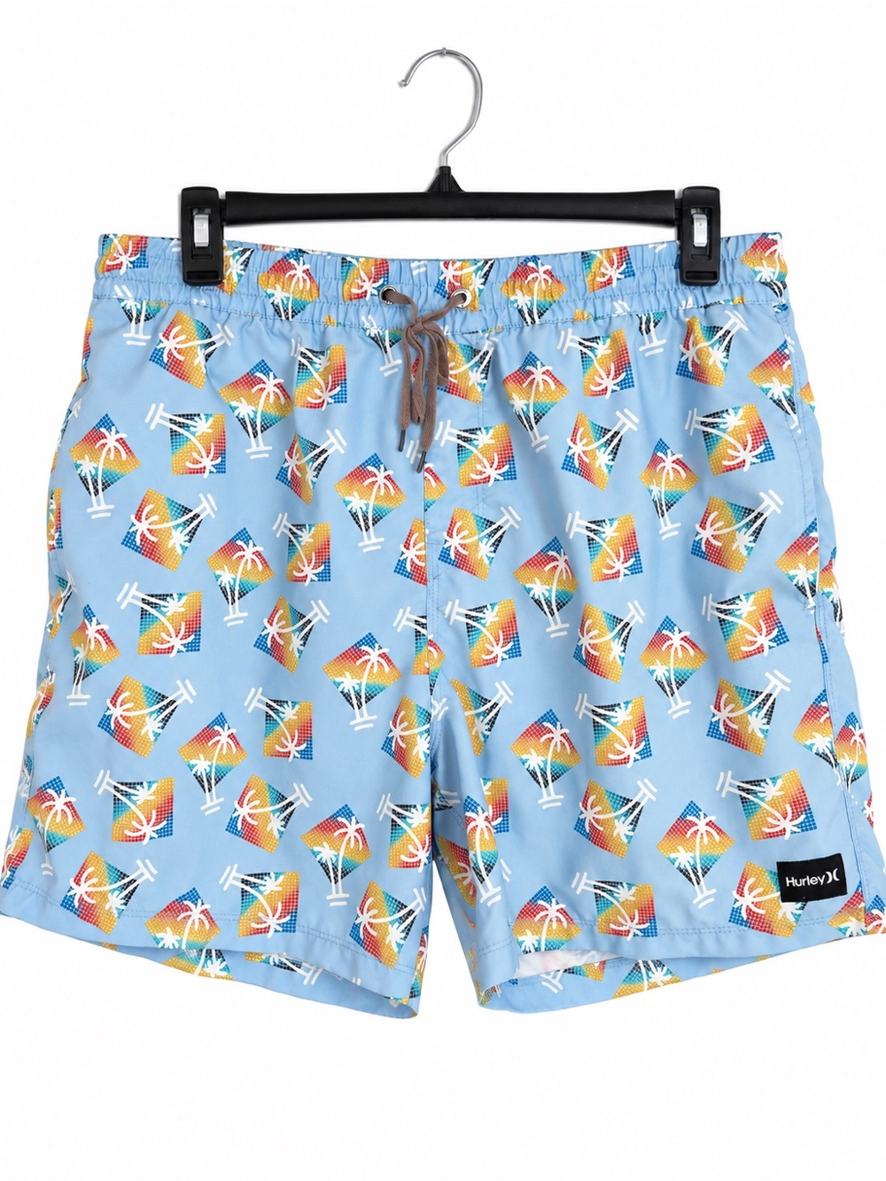 Hurley Men Swim Trunks XL Light Blue Retro 80s Palm Tree Unlined Volley Shorts